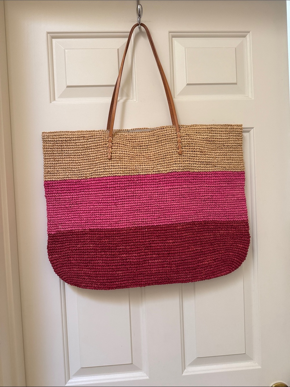 Like new! Bujibaha Striped Straw Tote Bag in Natural, Pink & Burgundy